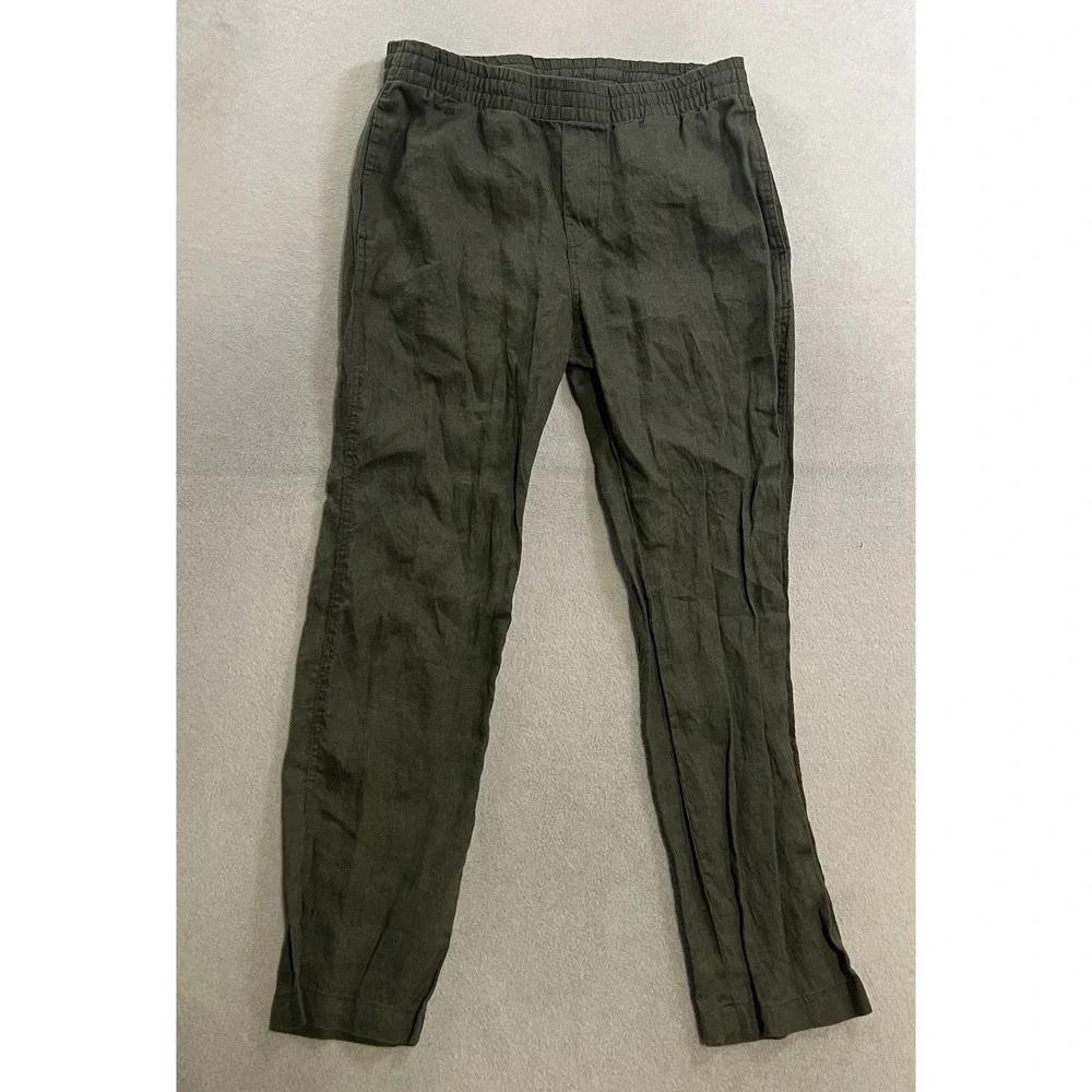 H&M Pants Women's Size XS Green 100% Linen Straight Leg Drawstring